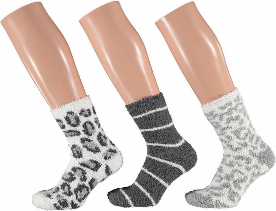 Apollo 3 pak Dames Fluffy Bedsokken/huissokken Animal/stripe- 41 Huissokken