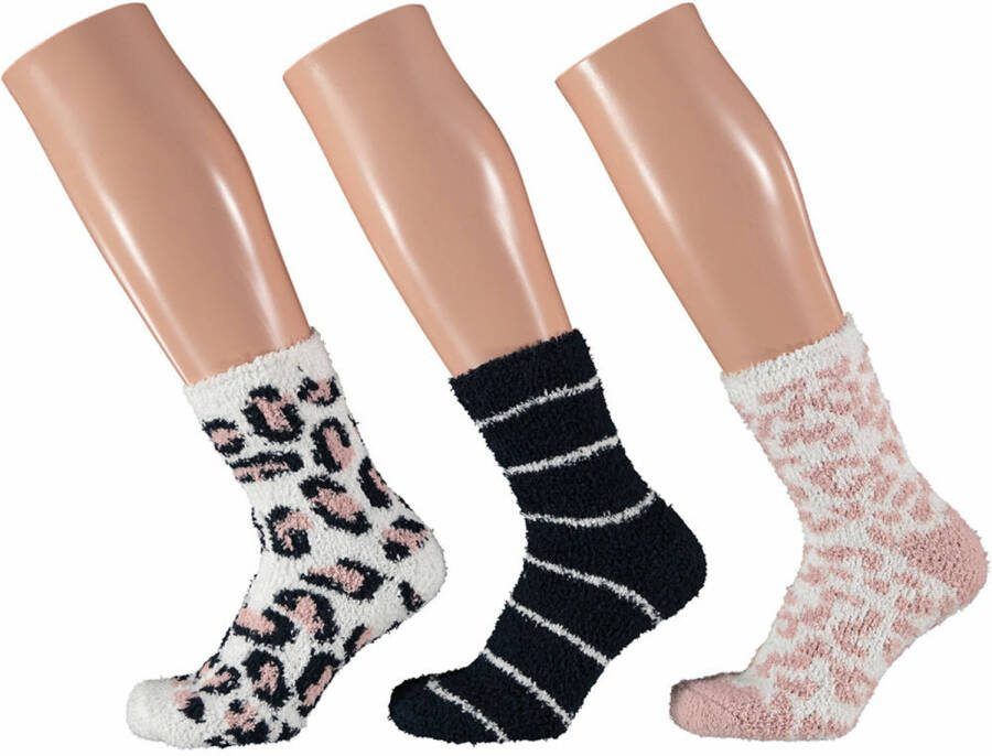 Apollo 3 pak Dames Fluffy Bedsokken/huissokken Animal/stripe- 41 Huissokken