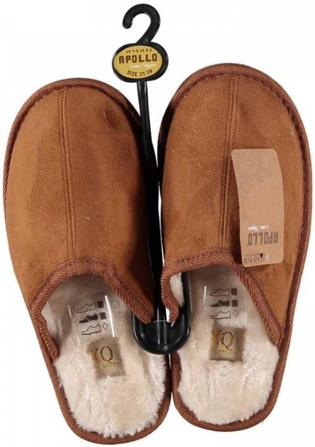 Apollo Cognac Bruine Instap Sloffen/pantoffels Met Bont Voor Dames 39 40 Sloffen Volwassenen