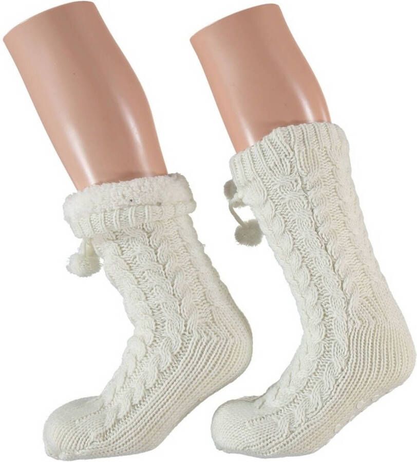 Apollo Dames Gebreide Anti slip Huissokken/slofsokken Wit Kabelprint Mt 35 41 Huissokken