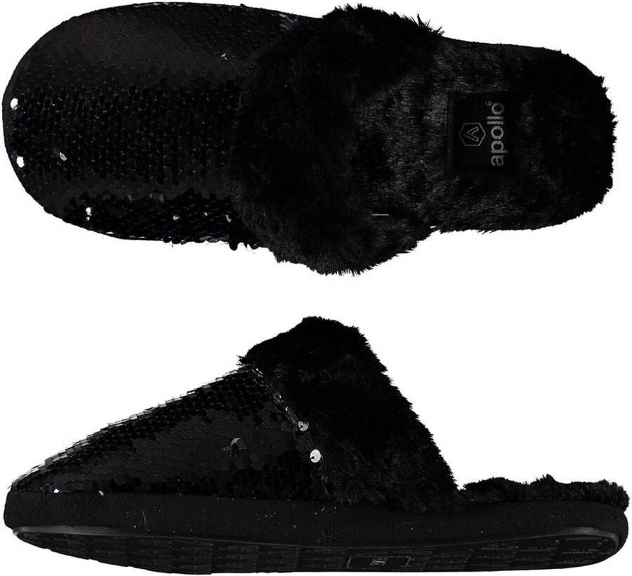 Apollo Dames Instap Slippers/pantoffels Met Pailletten Zwart- 40 Sloffen Volwassenen