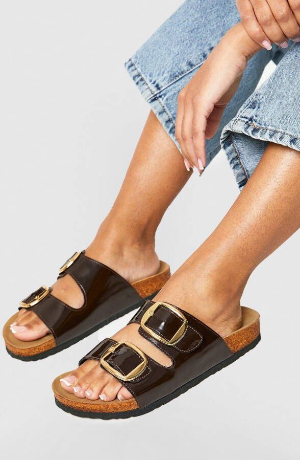 boohoo Brede Leren Sloffen Met Dubbele Gesp, Chocolate
