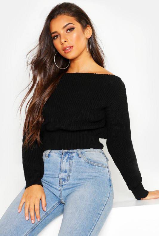 boohoo Ingekorte Visserstrui Met Boothals, Zwart