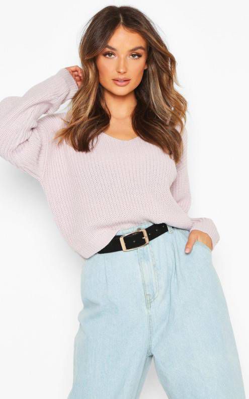 boohoo Korte Vissers Trui Met V Hals, Lila