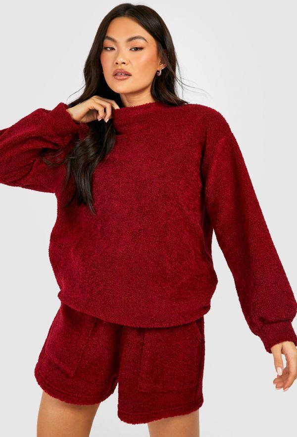 boohoo Fleece Mix & Match Popcorn Trui, Burgundy