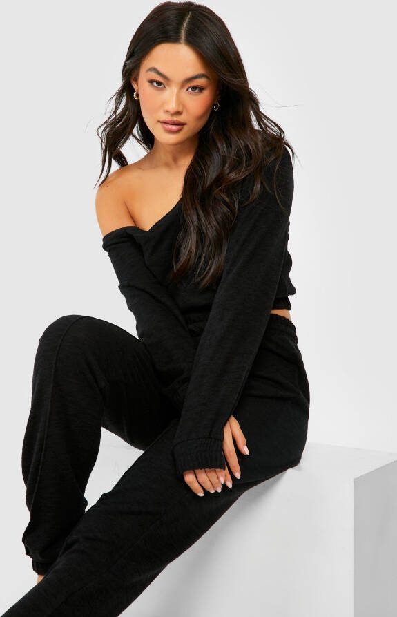 boohoo Gebreide Off Shoulder Lounge Set Met Joggingbroek, Black