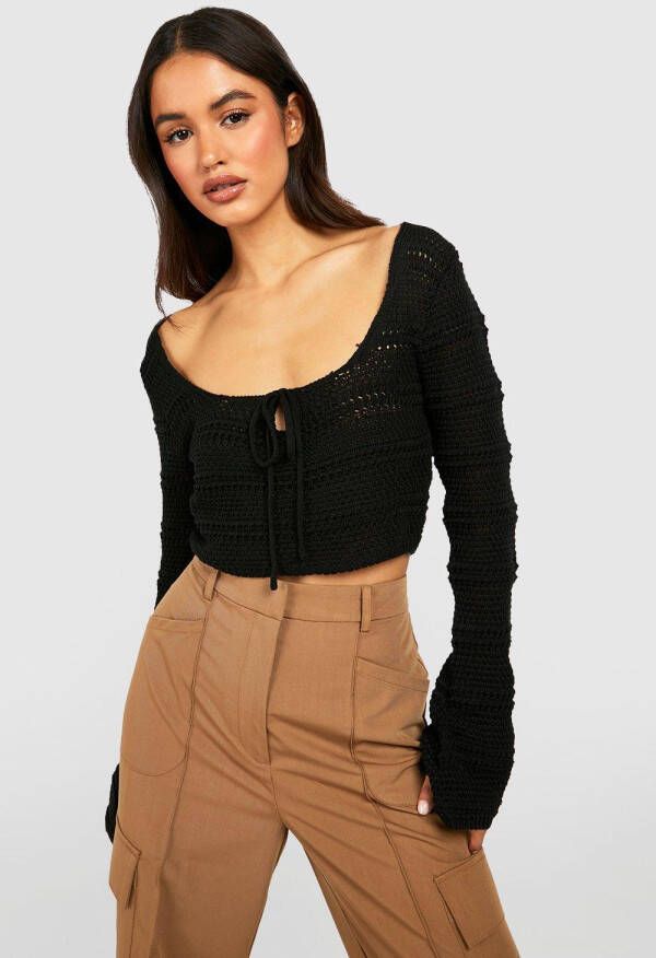 boohoo Gehaakte Top Met Strik, Black