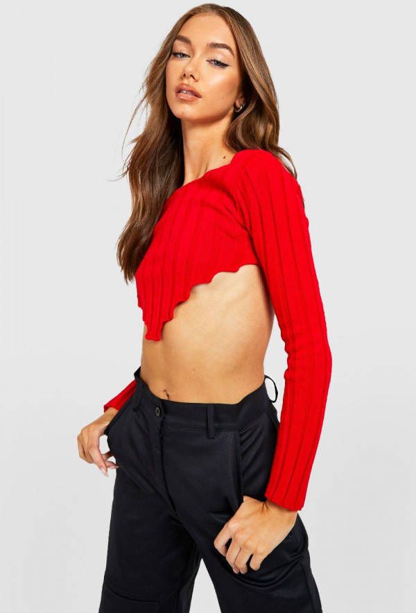 boohoo Geribbelde Gebreide Korte Korset Trui, Red