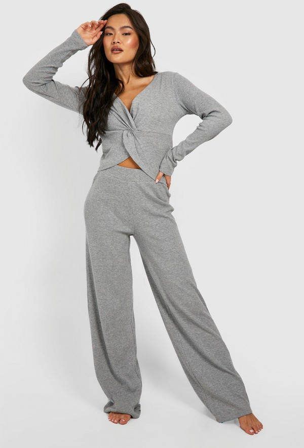 boohoo Geribbelde Gedraaide Lounge Broek Set, Grey Marl