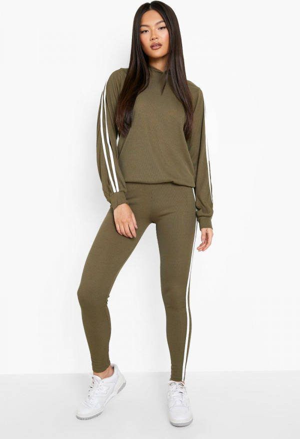 boohoo Geribbelde Gestreepte Loungewear Set Met Capuchon, Khaki