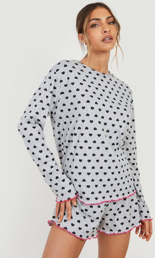 boohoo Geribbelde Hartjes Lounge Set Met Shorts, Grey Marl
