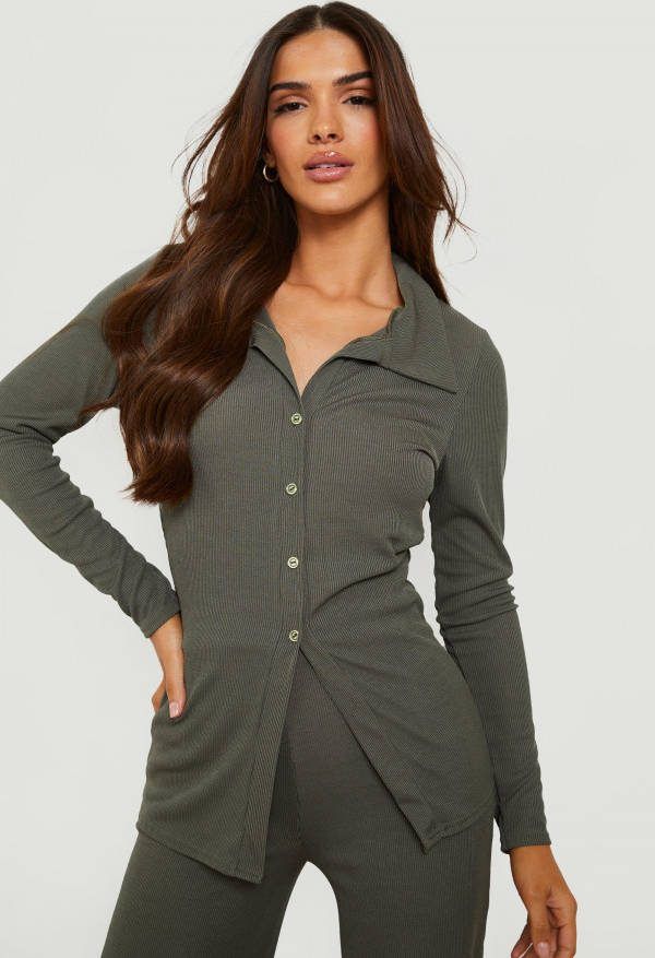 boohoo Geribbelde Lounge Set Met Kraag, Lange Mouwen En Knopen, Khaki