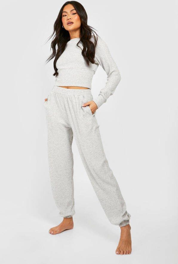 boohoo Geribbelde Loungewear Set Met Top Met Lange Mouwen En Broek, Grey Marl