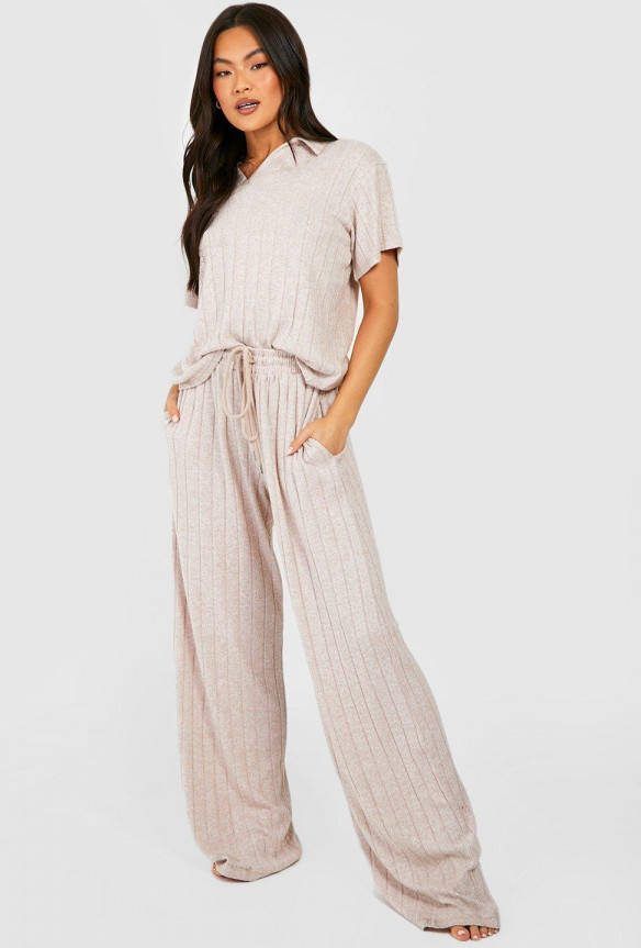 boohoo Geribbelde Mergel Loungewear Set Met Kraag, Stone