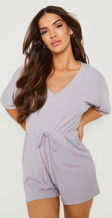boohoo Geribbelde Romper Met Wijde Mouwen, Grey