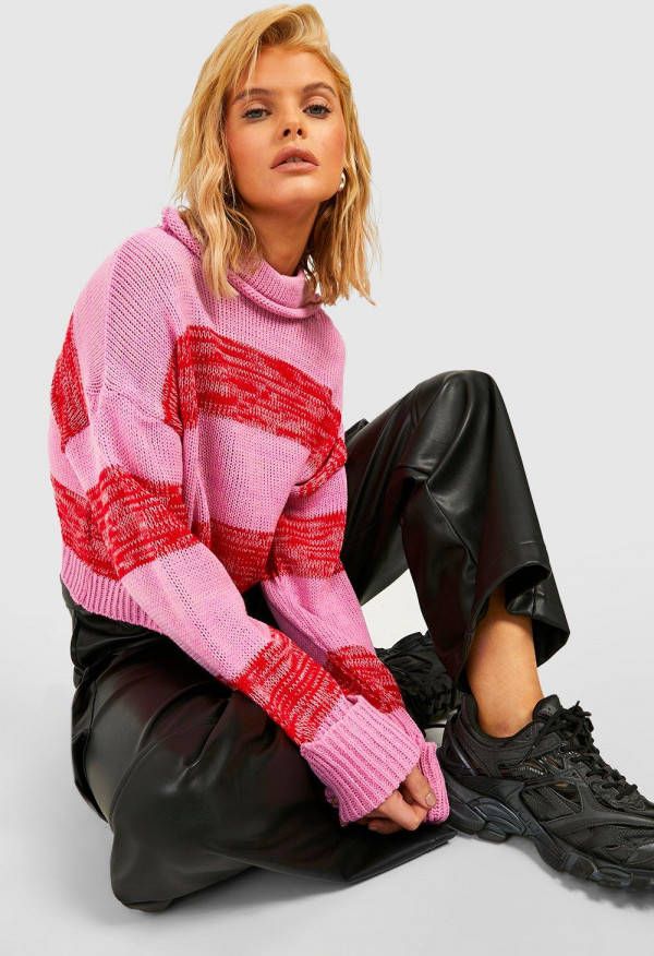 boohoo Gestreepte Mergel Crop Top Met Col, Pink