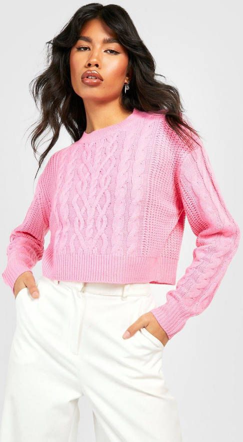 boohoo Grof Gebreide Crop Top, Pink