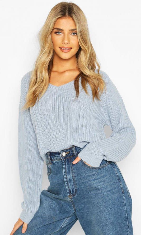 boohoo Korte Vissers Trui Met V Hals, Pastelblauw