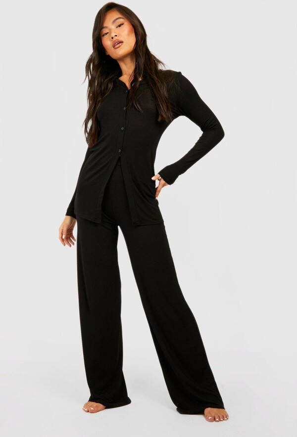 boohoo Jersey Lounge Set Met Kraag En Knopen, Black