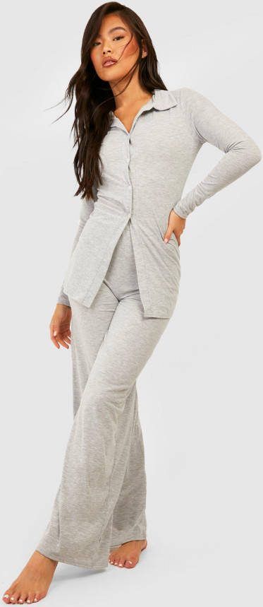 boohoo Jersey Lounge Set Met Kraag En Knopen, Grey Marl