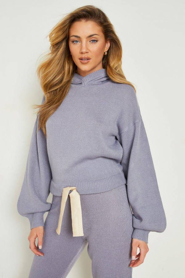 boohoo Korte Gebreide Woman Hoodie Met Strik, Baby Blue