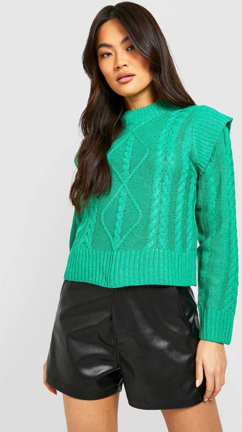 boohoo Korte Grof Gebreide Trui Met Schoudervulling, Green