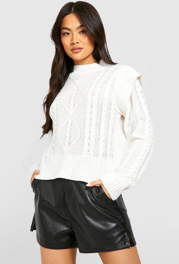 boohoo Korte Grof Gebreide Trui Met Schoudervulling, Ivory