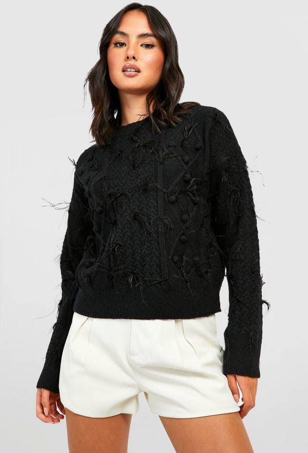 boohoo Korte Trui Met Veren, Black