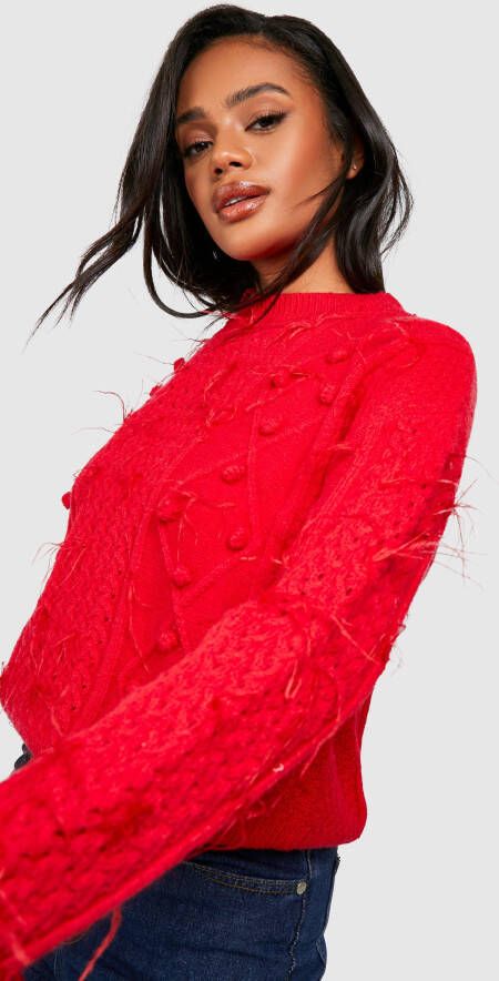 boohoo Korte Trui Met Veren, Red