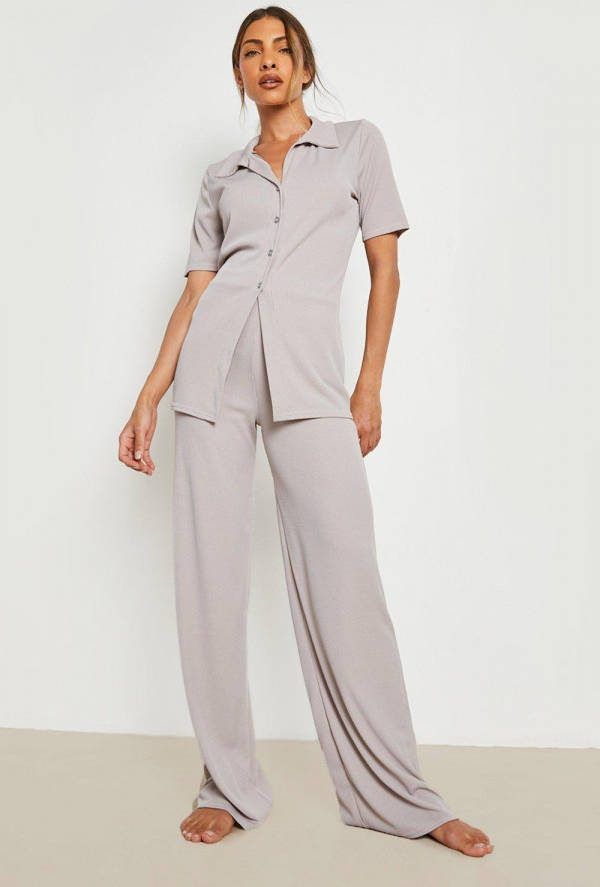 boohoo Lounge Set Met Geribbelde Kraag En Knopen, Grey Marl