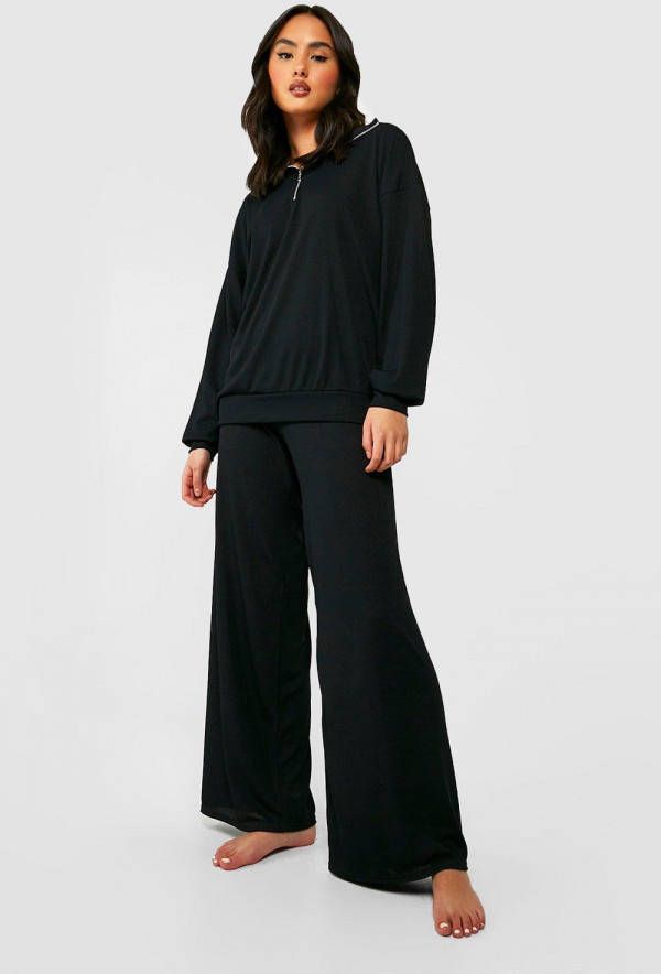 boohoo Lounge Set Met Geribbelde Trui Met Korte Rits En Hoge Kraag En Wide Leg Broek, Black