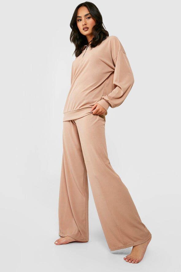 boohoo Lounge Set Met Geribbelde Trui Met Korte Rits En Hoge Kraag En Wide Leg Broek, Stone