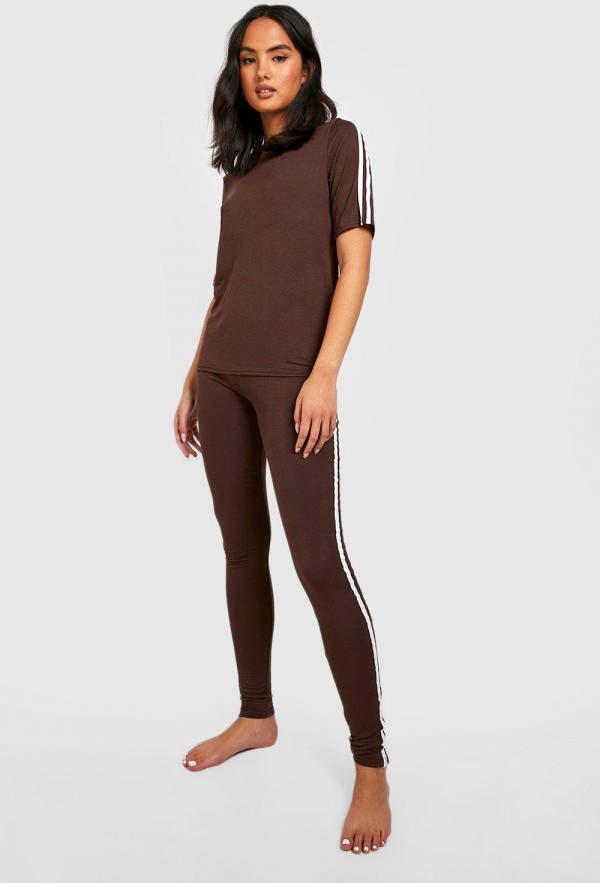 boohoo Loungewear Set Met Korte Mouwen En Zijstrepen, Chocolate