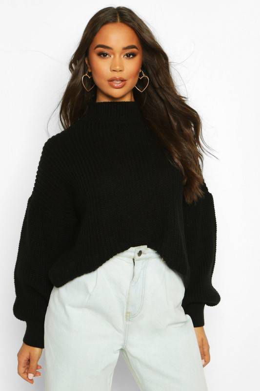 boohoo Oversized Crop Top Met Ballonmouwen, Zwart