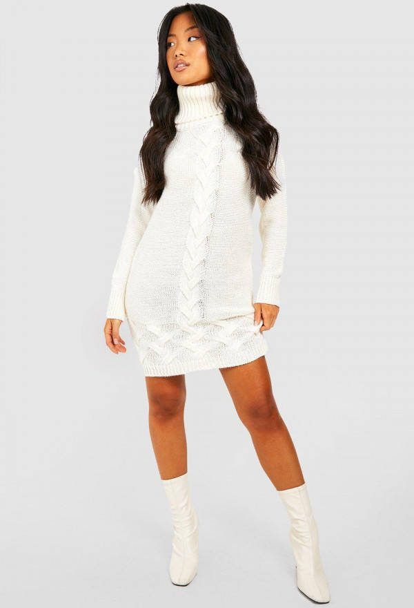 boohoo Petite Grof Gebreide Trui Jurk Met Col, Ivory