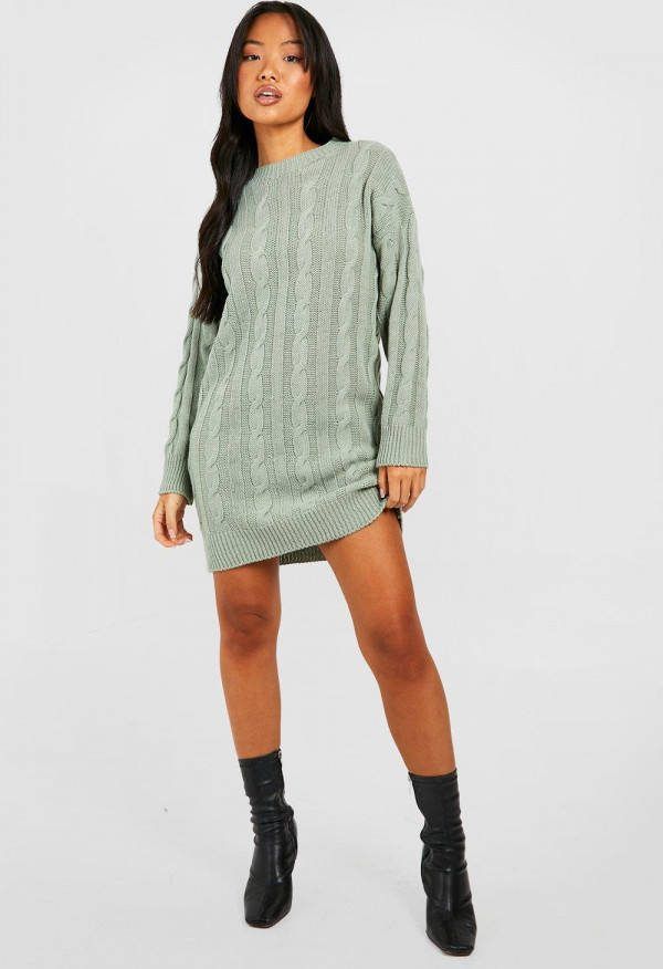 boohoo Petite Grof Gebreide Trui Jurk Met Ronde Hals, Olive