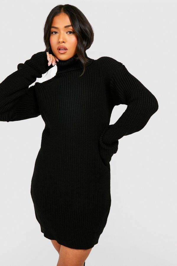boohoo Petite Wafel Gebreide Trui Jurk Met Col, Black