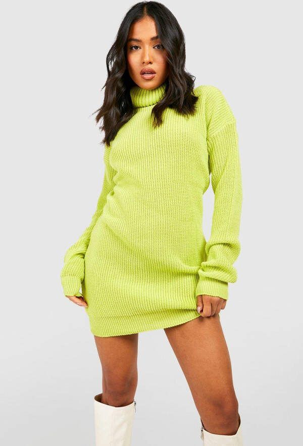 boohoo Petite Wafel Gebreide Trui Jurk Met Col, Lime