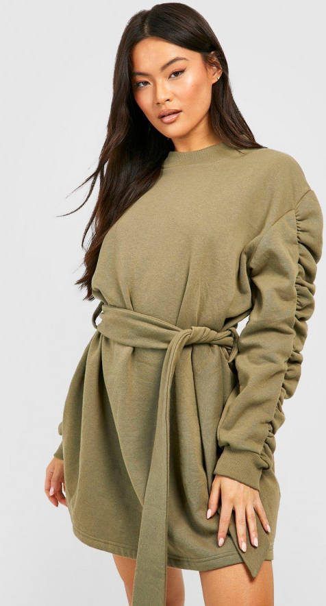 boohoo Trui Jurk Met Geplooide Mouwen En Ceintuur, Khaki