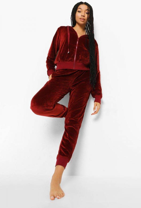 boohoo Velours Loungewear Set Met Hoodie En Joggingbroek, Burgundy