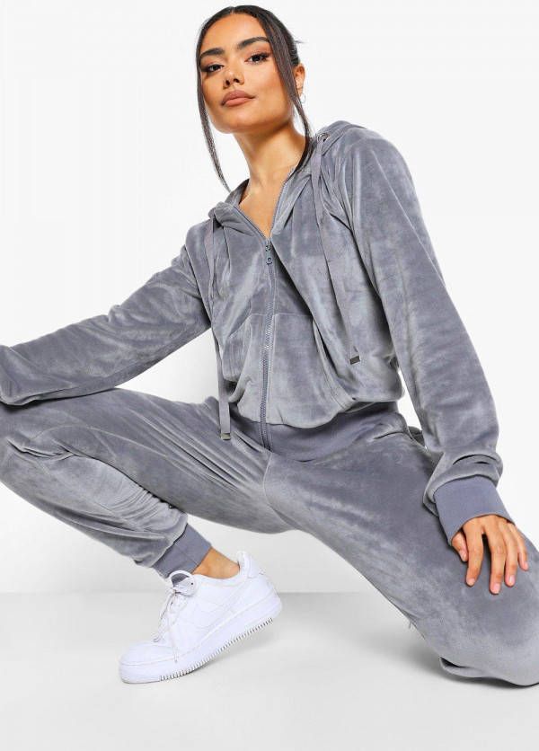 boohoo Velours Loungewear Set Met Hoodie En Joggingbroek, Dark Grey