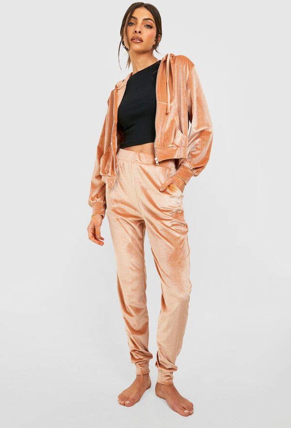 boohoo Velours Loungewear Set Met Hoodie En Joggingbroek, Stone