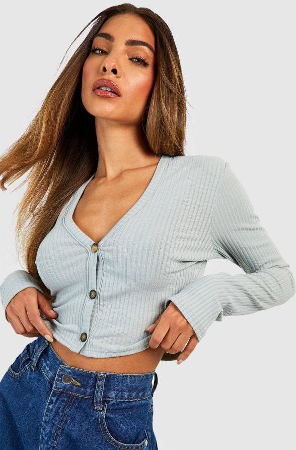 boohoo Zachte Basic Geribbelde Gebreide Bolero, Sage