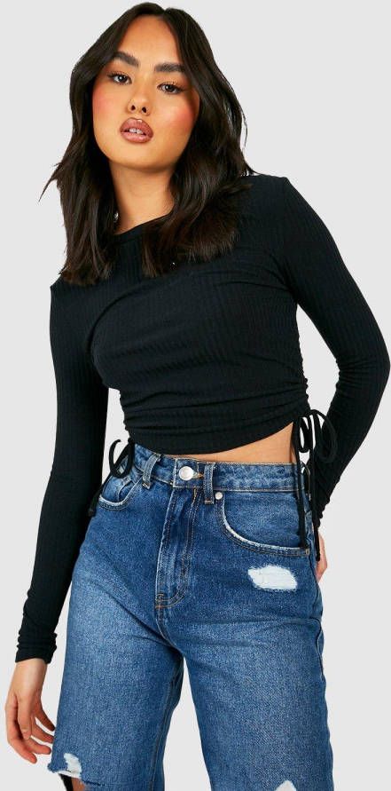 boohoo Zachte Dikke Geribbelde Gebreide Geplooide Crop Top, Black