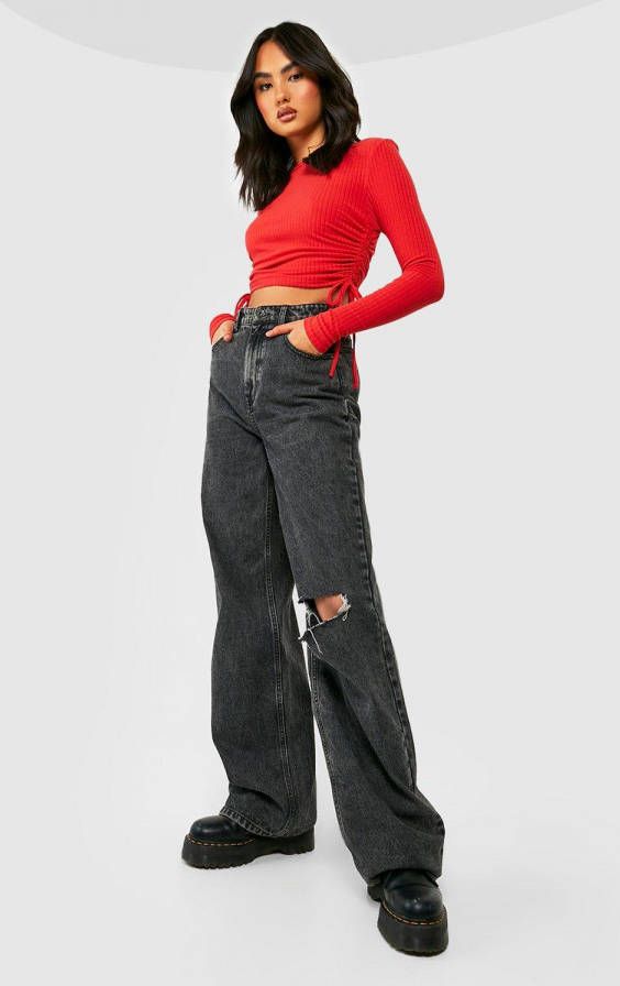 boohoo Zachte Dikke Geribbelde Gebreide Geplooide Crop Top, Red