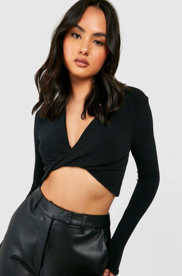 boohoo Zachte Geribbelde Gebreide Gedraaide Dikke Crop Top, Black