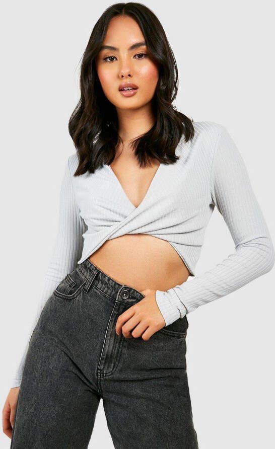 boohoo Zachte Geribbelde Gebreide Gedraaide Dikke Crop Top, Grey