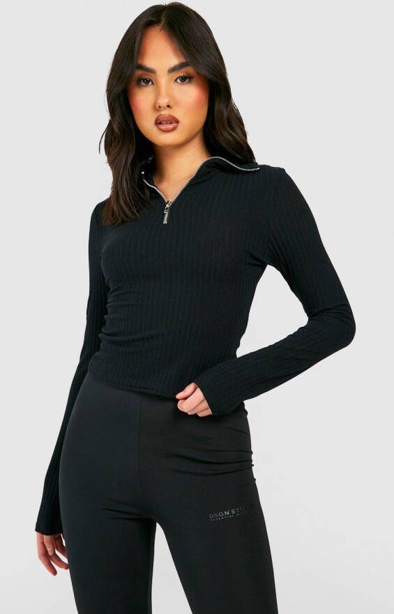 boohoo Zachte Geribbelde Gebreide Trui Met Korte Rits En Polo Kraag, Black