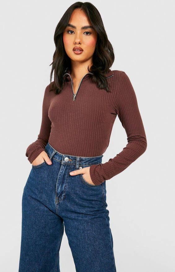 boohoo Zachte Geribbelde Gebreide Trui Met Korte Rits En Polo Kraag, Chocolate