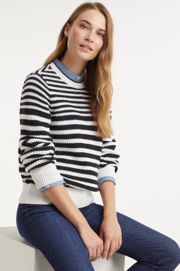 ESPRIT edc Women gestreepte gebreide trui van biologisch katoen wit/blauw